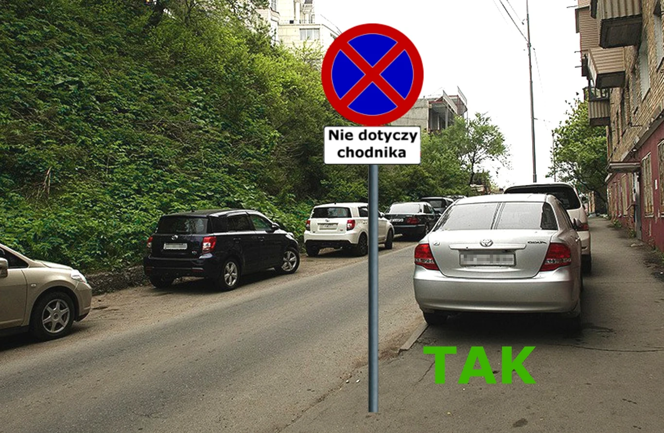 W takiej sytuacji postój na chodniku jest dozwolony W takiej sytuacji postój na chodniku jest dozwolony