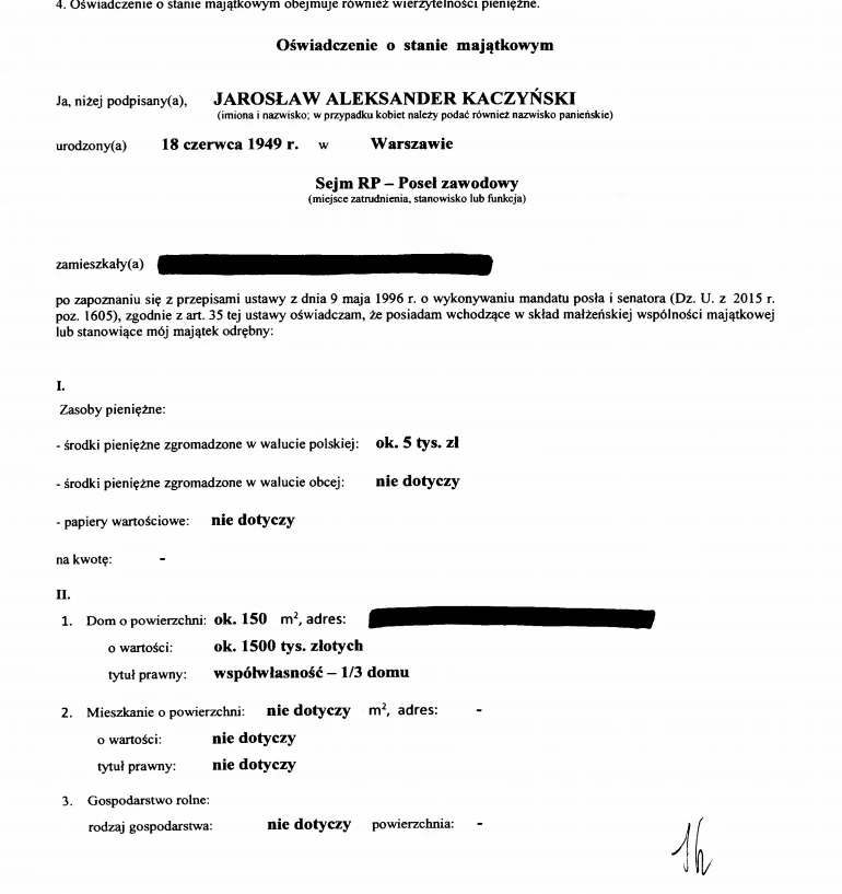 Oświadczenie majątkowe Jarosława Kaczyńskiego (źródło: Kancelaria Sejmu) Oświadczenie majątkowe Jarosława Kaczyńskiego (źródło: Kancelaria Sejmu)