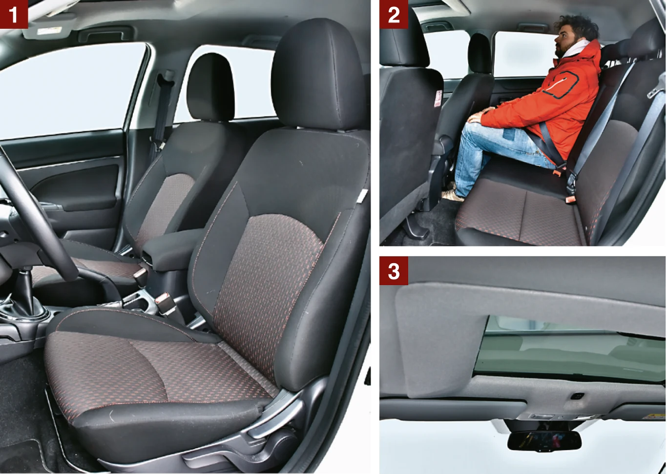 MITSUBISHI [1] Na zdjęciu – ASX Intense Plus. Wersja Instyle ma skórzane fotele z elektrycznym sterowaniem. [2] Szklany dach ogranicza miejsce nad głowami w obu rzędach. Za fotelem odsunię- tym 1 m od pedałów zostaje tylko 67 cm. [3] Nietypowa obudowa sprawia wrażenie, jakby okno dachowe było dorobione, a nie należało do fabrycznego wyposażenia. 