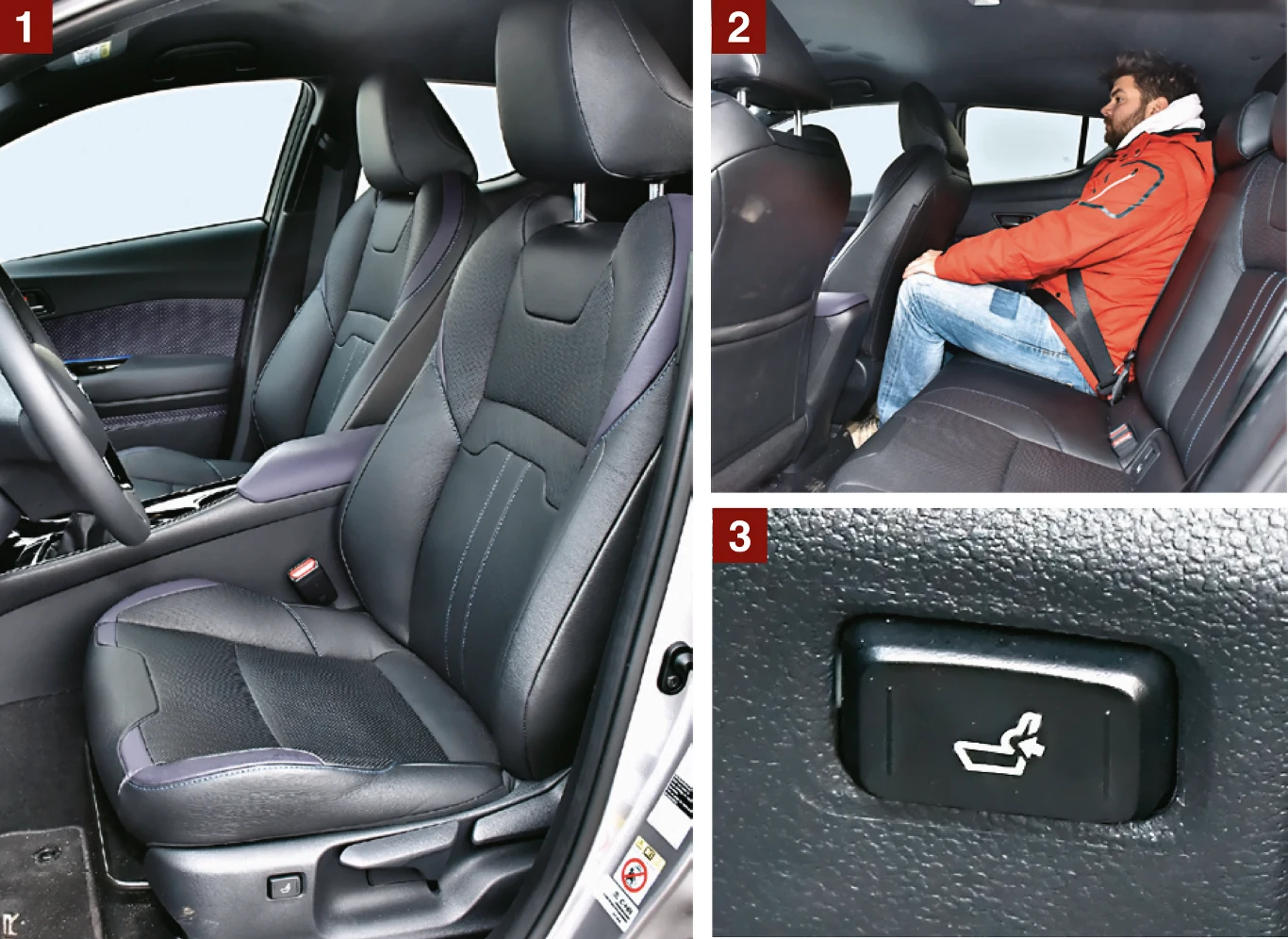 TOYOTA [1] Fotel C-HR jest całkiem wygodny, choć ma najkrótsze siedzisko. [2] Tył kabiny C-HR jest nieco ciasnawy. Nie rozpieszcza miejscem na głowy, a na nogi jest go tyle co w ASX-ie. Czyli bardzo mało. [3] Na tle konkurentów atutem foteli Toyoty jest seryjna elektrycznie regulowana podpórka lędźwiowa.