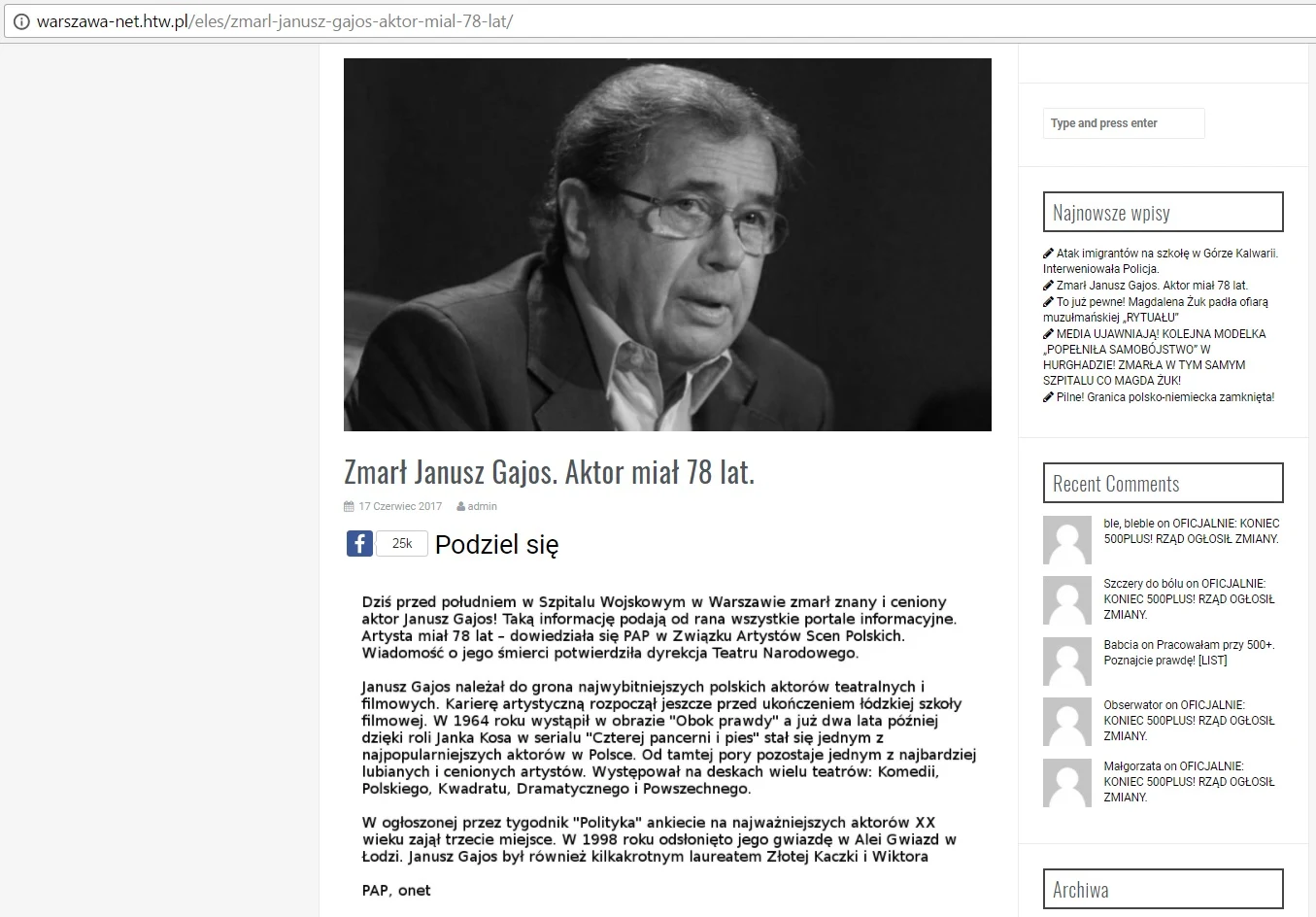 Zrzut z ekranu ze strony warszawa-net.htw.pl z informacją o śmierci Janusza Gajosa