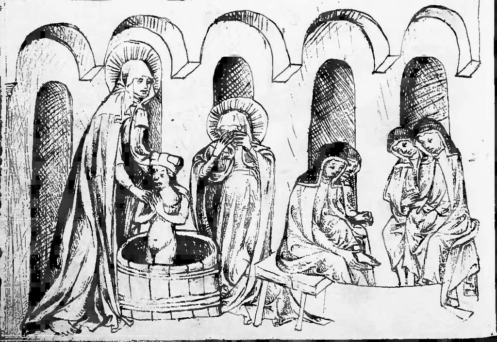 Święta Jadwiga śląska nie tylko sama stosowała przerażające praktyki higieniczne, ale i przeprowadzała je na własnym wnuku Bolesławie, i to na oczach synowej. Na ilustracji XV-wieczna miniatura (źródło: domena publiczna).