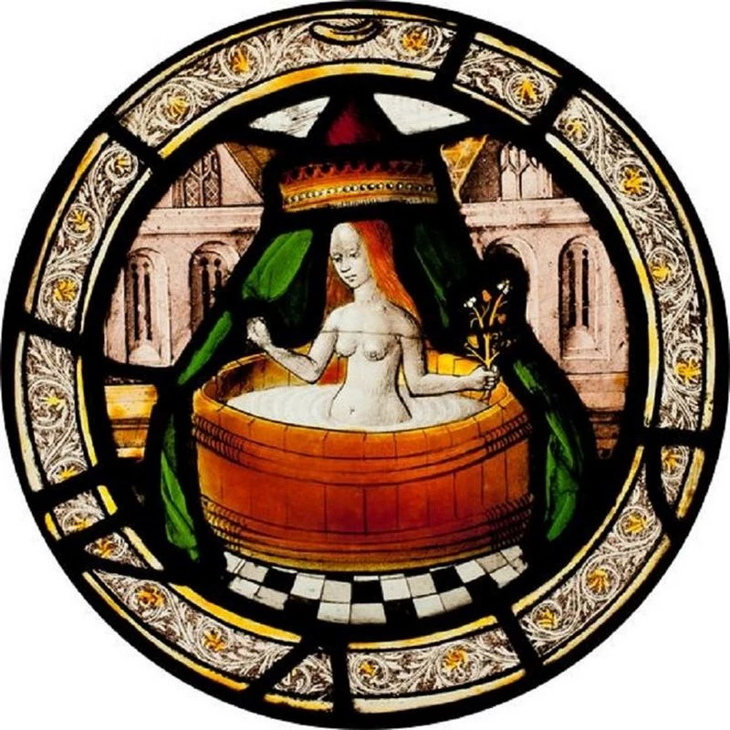 Kąpiel w balii pod baldachimem. Angielska mozaika z początków XVI wieku (źródło: domena publiczna).
