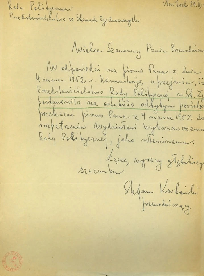 Odpowiedź Stefana Korbońskiego na list Stanisława Gierata, 23 marca 1952 r. 