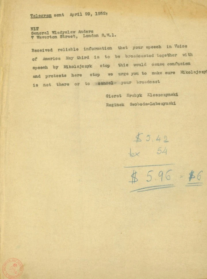Telegram członków Rady Narodowej do gen. Władysława Andersa, 29 kwietnia 1952 r.