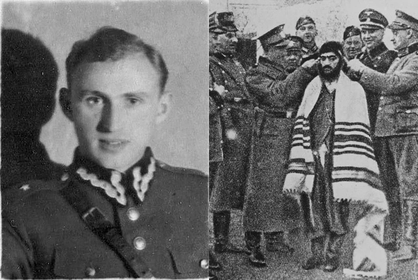 Tuwia Frydman w mundurze Urzędu Bezpieczeństwa i uśmiechający się podczas poniżania żydowskiego więźnia obozu Bergen-Belsen Adolf Eichmann Tuwia Frydman w mundurze Urzędu Bezpieczeństwa i uśmiechający się podczas poniżania żydowskiego więźnia obozu Bergen-Belsen Adolf Eichmann