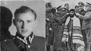 Tuwia Frydman w mundurze Urzędu Bezpieczeństwa i uśmiechający się podczas poniżania żydowskiego więźnia obozu Bergen-Belsen Adolf Eichmann