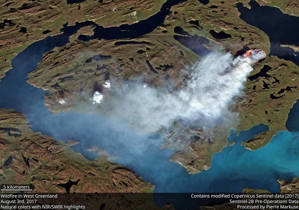 Zdjęcie satelitarne ognia na Grenlandii wykonane 3 sierpnia 2017 przez Sentinel-2A programu Copernicus