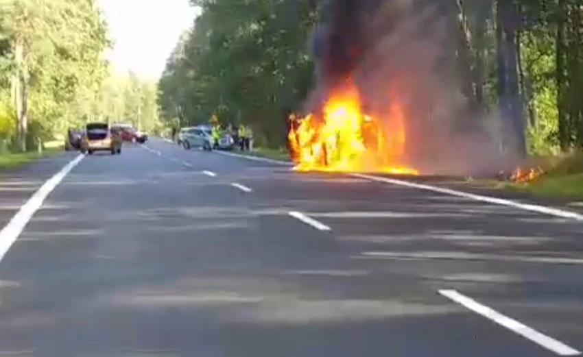 Samochód spłonął doszczętnie, na szczęście nie zajął się las i nikt nie ucierpiał