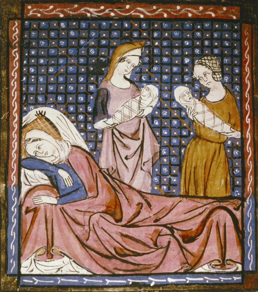Odpoczynek po porodzie według miniatury z XII wieku (źródło: domena publiczna)
