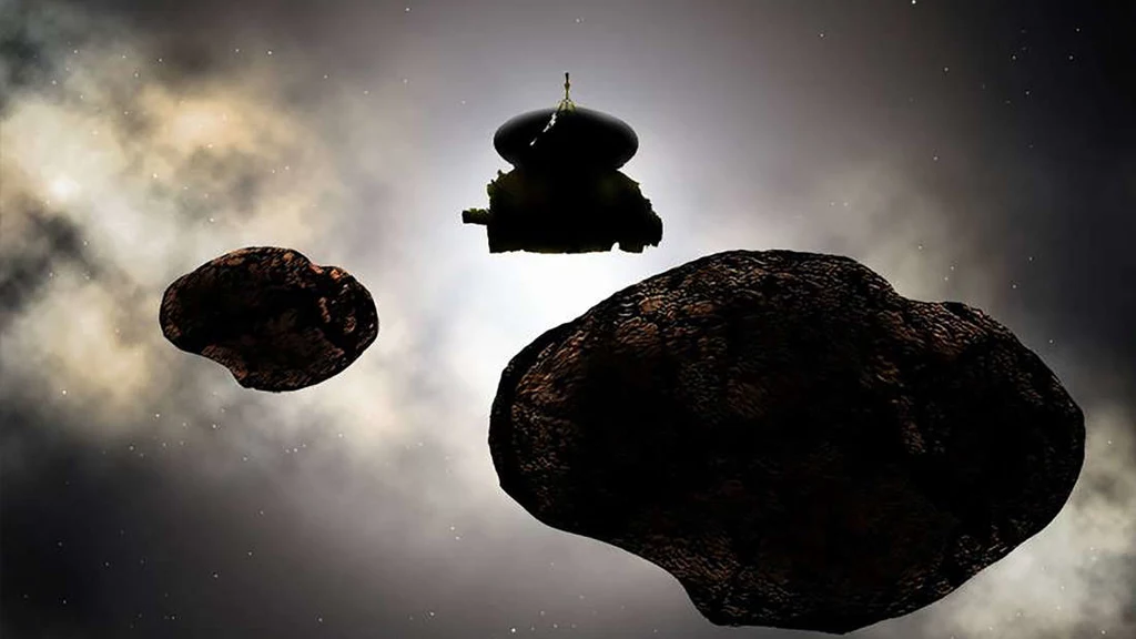 Wizja artystyczna sondy New Horizons zbliżającej się do MU69