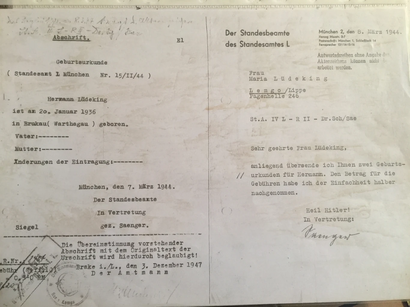 Wystawiona przez Lebensborn metryka urodzenia Wystawiona przez Lebensborn metryka urodzenia