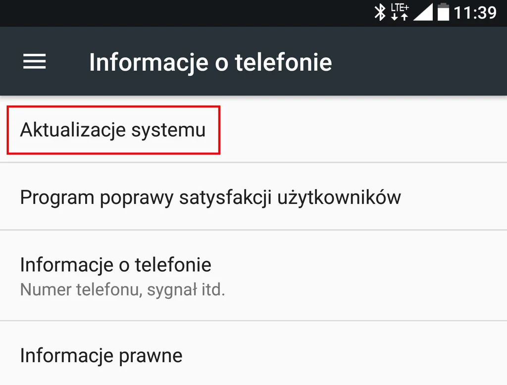 W sekcji Informacje o telefonie znajdziemy opcję Aktualizacja systemu - klikamy (dotykamy) ją i sprawdzamy stan aktualziacji