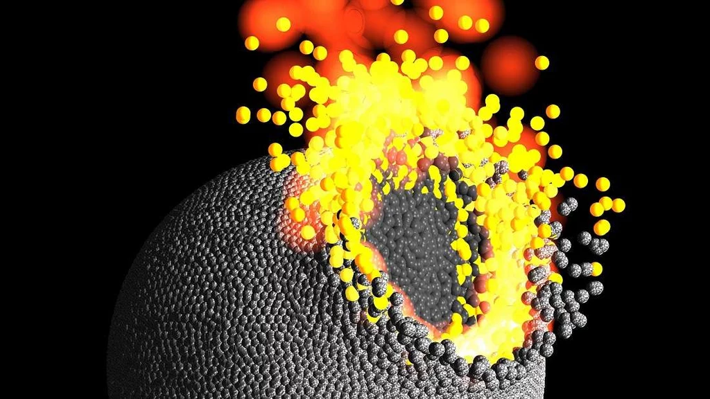 Symulacja kolizji dwóch protoplanet - na szaro zaznaczone zwyczajne skały, na żółto stopione skały, a na czerwono odparowany materiał