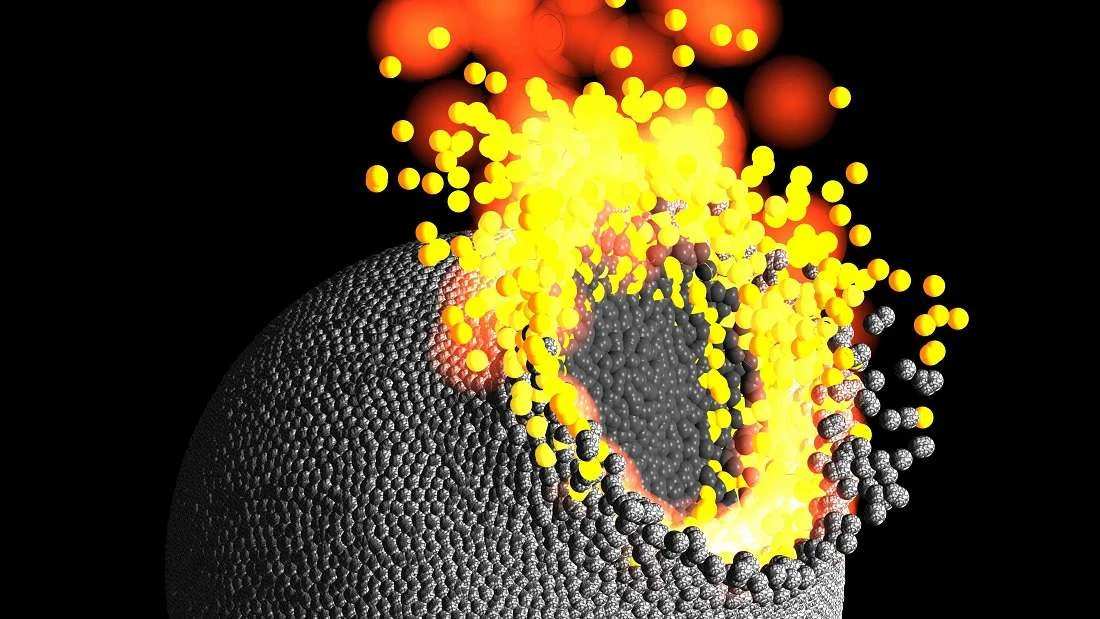 Symulacja kolizji dwóch protoplanet - na szaro zaznaczone zwyczajne skały, na żółto stopione skały, a na czerwono odparowany materiał Symulacja kolizji dwóch protoplanet - na szaro zaznaczone zwyczajne skały, na żółto stopione skały, a na czerwono odparowany materiał