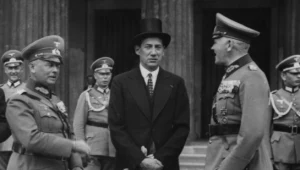 Minister spraw zagranicznych Polski Józef Beck (w środku) w towarzystwie ministra wojny Rzeszy Wernera von Blomberga (z prawej) i naczelnego dowódcy wojsk lądowych generała Wernera von Fritscha