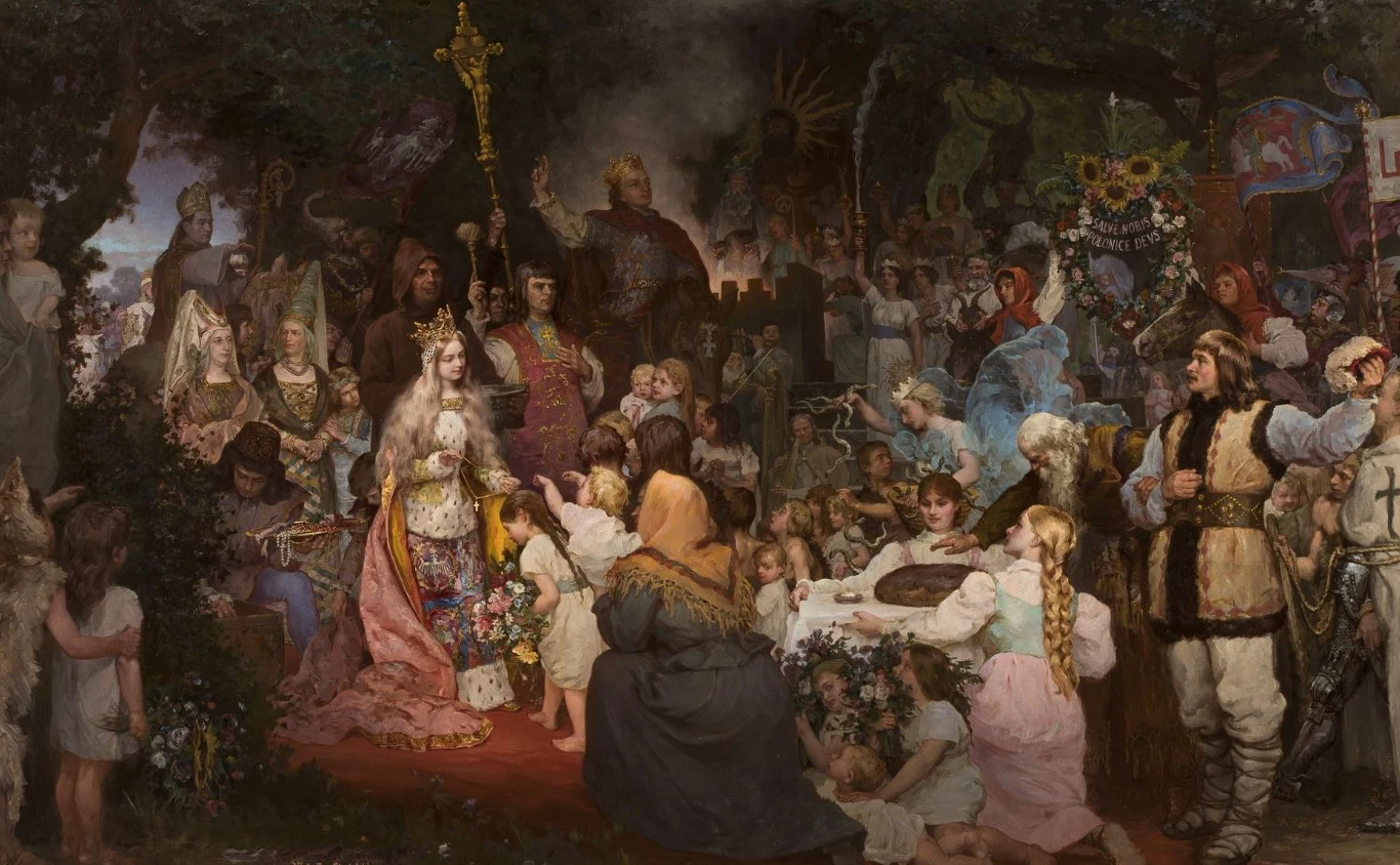 Już jako dziewczynka Jadwiga była w Polsce ikoną mody i trendsetterką. Na tym obrazie Władysława Ciesielskiego, przedstawiającym chrzest Litwy, widzimy wyraźnie jej wyróżniający się strój 