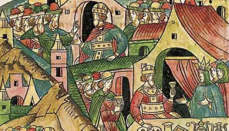 Jeśli impreza u Jadwigi i Jagiełły, to tylko ze stołami uginającymi się od jadła. Miniatura z XVI-wiecznego latopisu, przedstawiająca wesele tej pary 