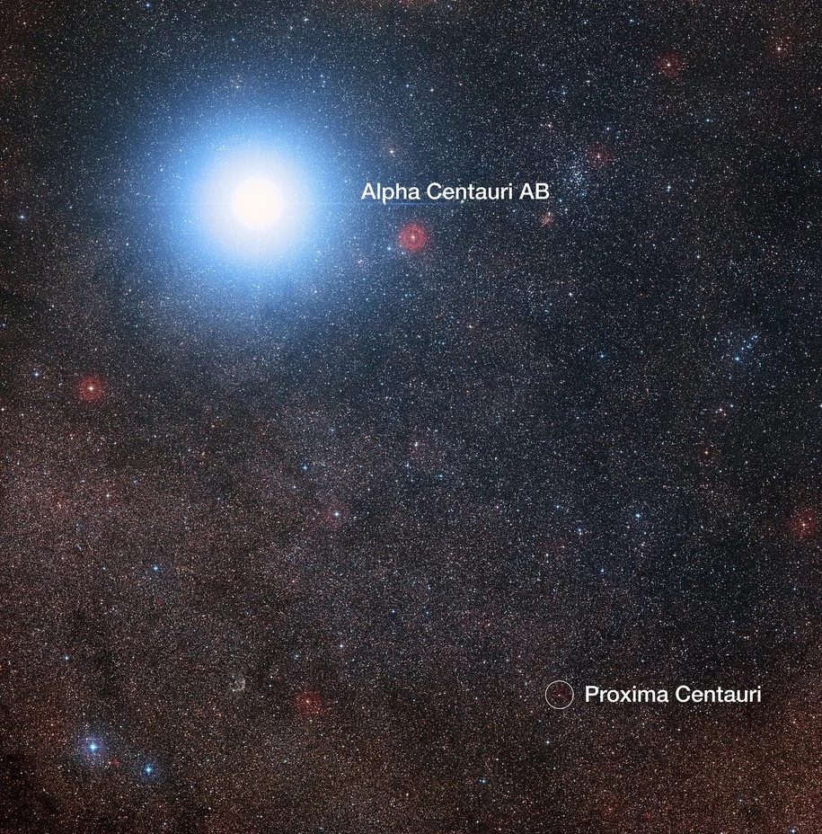 Proxima Centauri widoczna w pobliżu dużo jaśniejszej Alpha Centauri AB