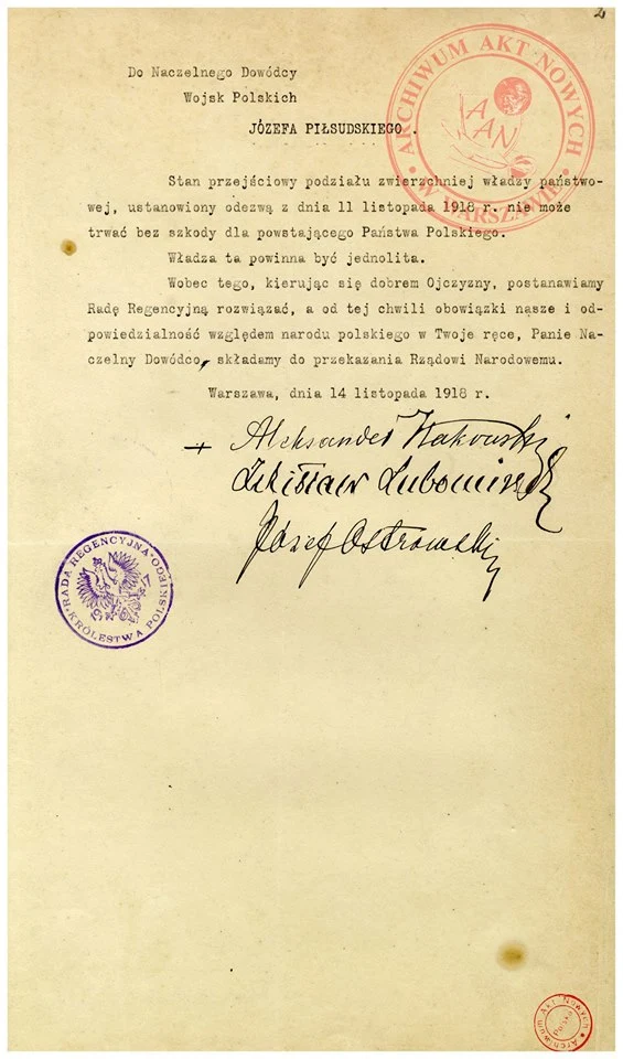 Akt przekazania władzy Józefowi Piłsudskiemu przez Radę Regencyjną, 14 listopada 1918 r.; AAN, Kancelaria Cywilna Naczelnika Państwa, sygn. 1