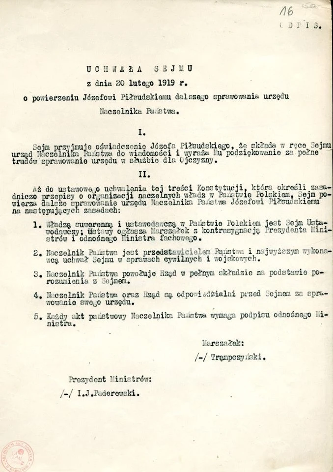 Uchwała Sejmu z dnia 20 lutego 1919 r. o powierzeniu Józefowi Piłsudskiemu dalszego sprawowania urzędu Naczelnika Państwa; AAN, Kancelaria Cywilna Naczelnika Państwa, sygn. 1