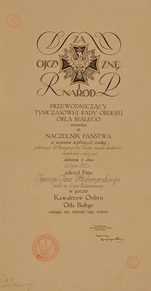Dyplom Orderu Orła Białego; AAN, Archiwum Ignacego Jana Paderewskiego, sygn. 5