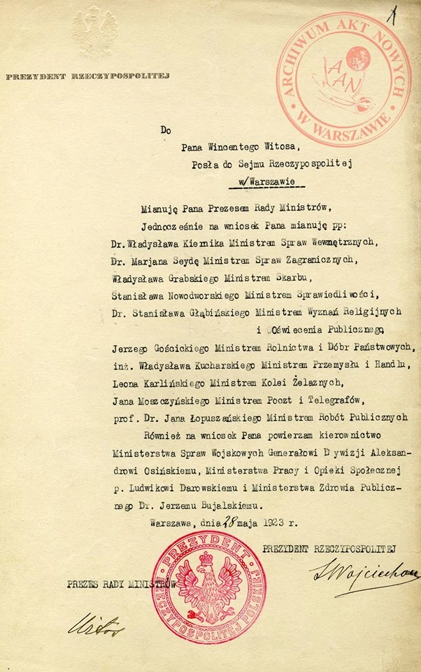Akt powołania rządu Wincentego Witosa przez prezydenta Stanisława Wojciechowskiego, 28 maja 1923 r.; AAN, Prezydium Rady Ministrów w Warszawie, sygn. 2–7, t. 13, s. 1