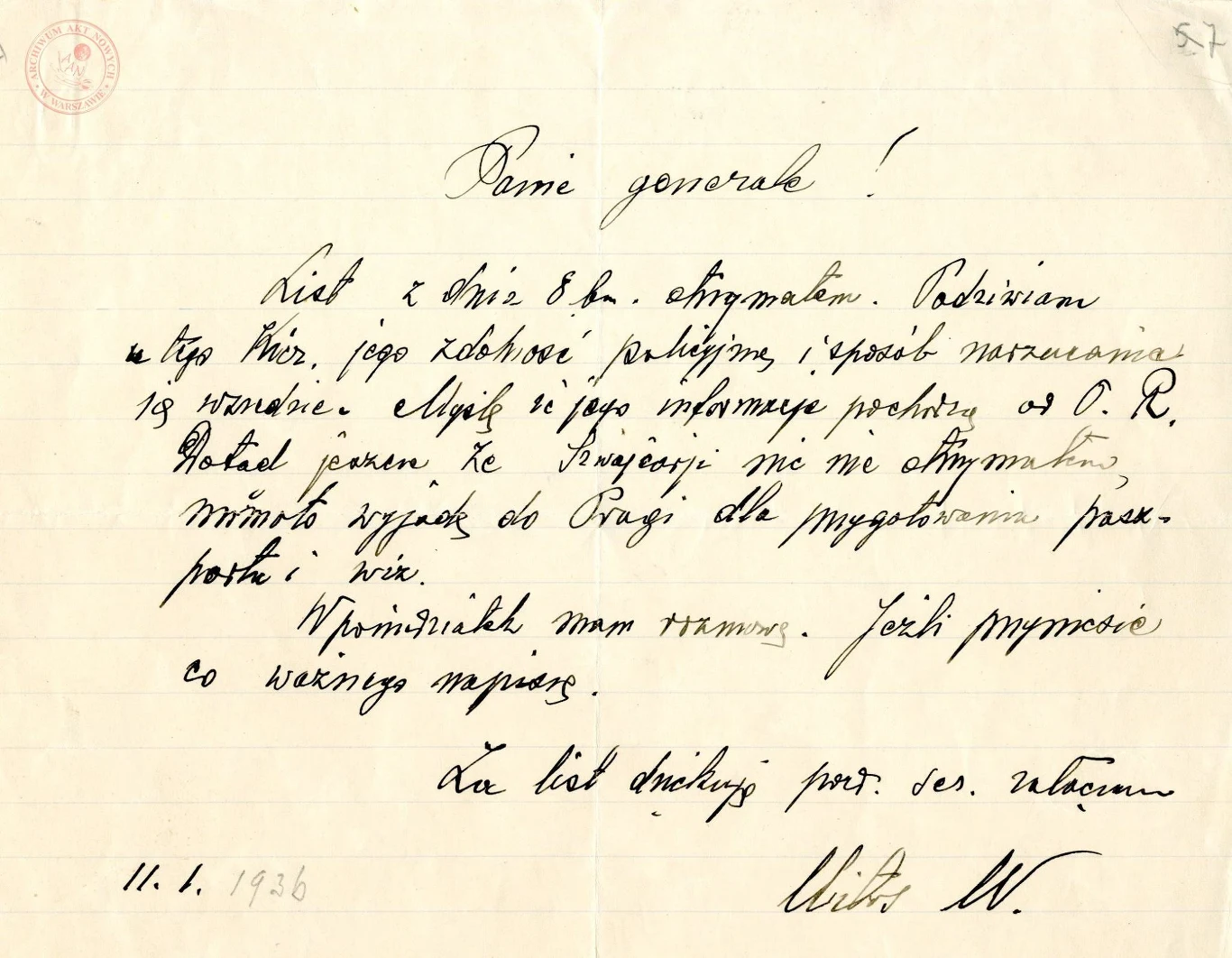 List Wincentego Witosa do Władysława Sikorskiego, 11 stycznia 1936 r.; AAN, Akta Władysława Sikorskiego, sygn. 169