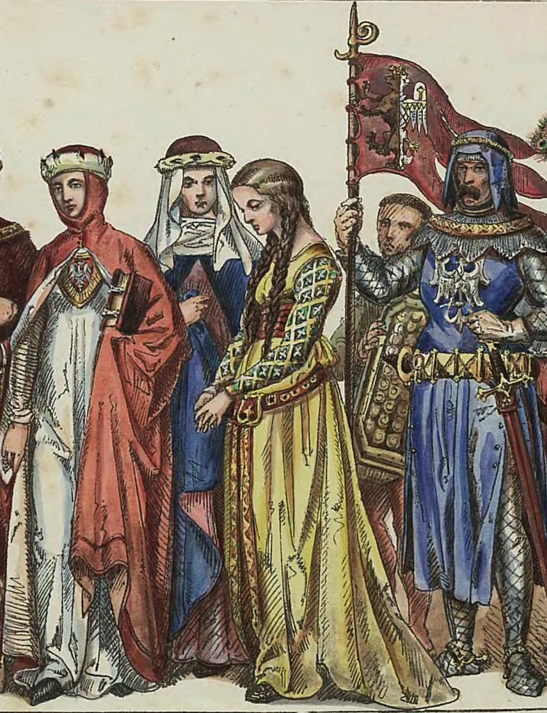 Nie jest znany żaden portret Jadwigi Kaliskiej. Powyżej tablica prezentująca stroje dworskie z przełomu XIII i XIV stulecia autorstwa Jana Matejki. Można sobie wyobrażać, że podobnie ubierała się także polska królowa (domena publiczna)