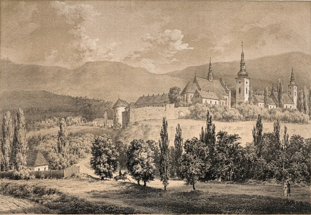 Panorama Starego Sącza z widocznym klasztorem klarysek. Rysunek Napoleona Ordy (domena publiczna)