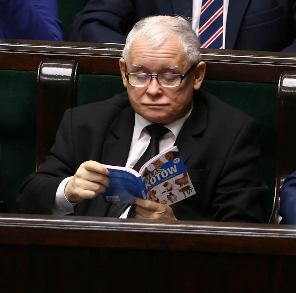 Jarosław Kaczyński w Sejmie z "Atlasem kotów"