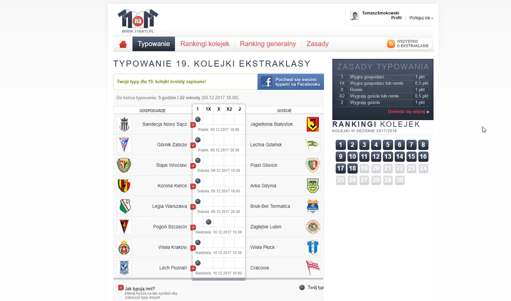 Typy Tomasza Smokowskiego na 19. kolejkę Ekstraklasy Typy Tomasza Smokowskiego na 19. kolejkę Ekstraklasy