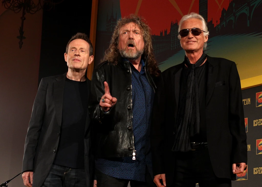 Od lewej: John Paul Jones, Robert Plant i Jimmy Page (Led Zeppelin) podczas promocji "Celebration Day" w 2012 r.