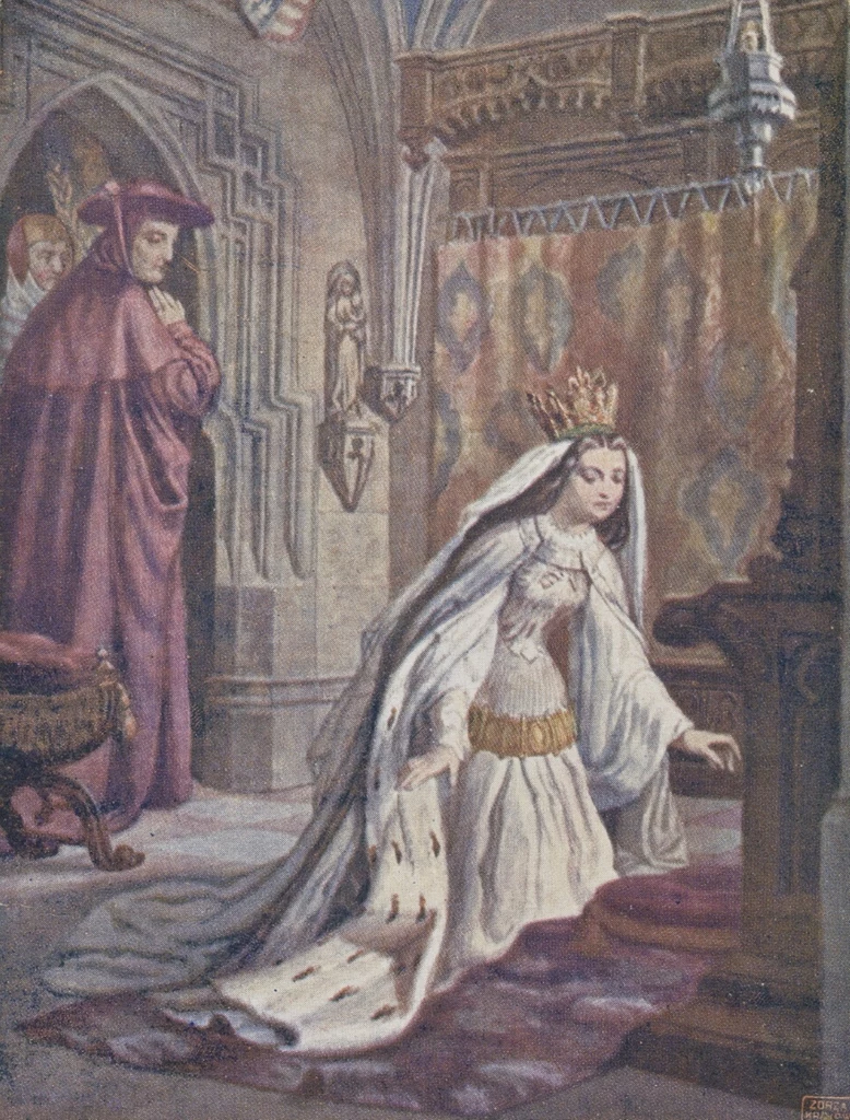 „Królowa Jadwiga przed wyjściem do ślubu”. Ilustracja z pierwszej połowy XX wieku (domena publiczna)