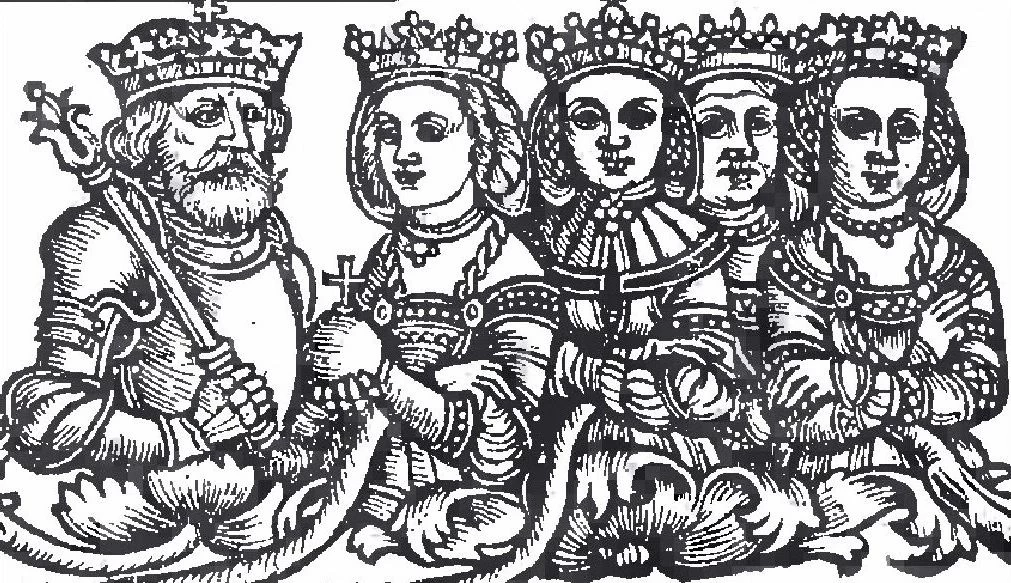 Władysław Jagiełło i jego żony. Jako pierwszą od lewej widać Jadwigę – przedstawioną schematycznie, w renesansowej sukni (domena publiczna)