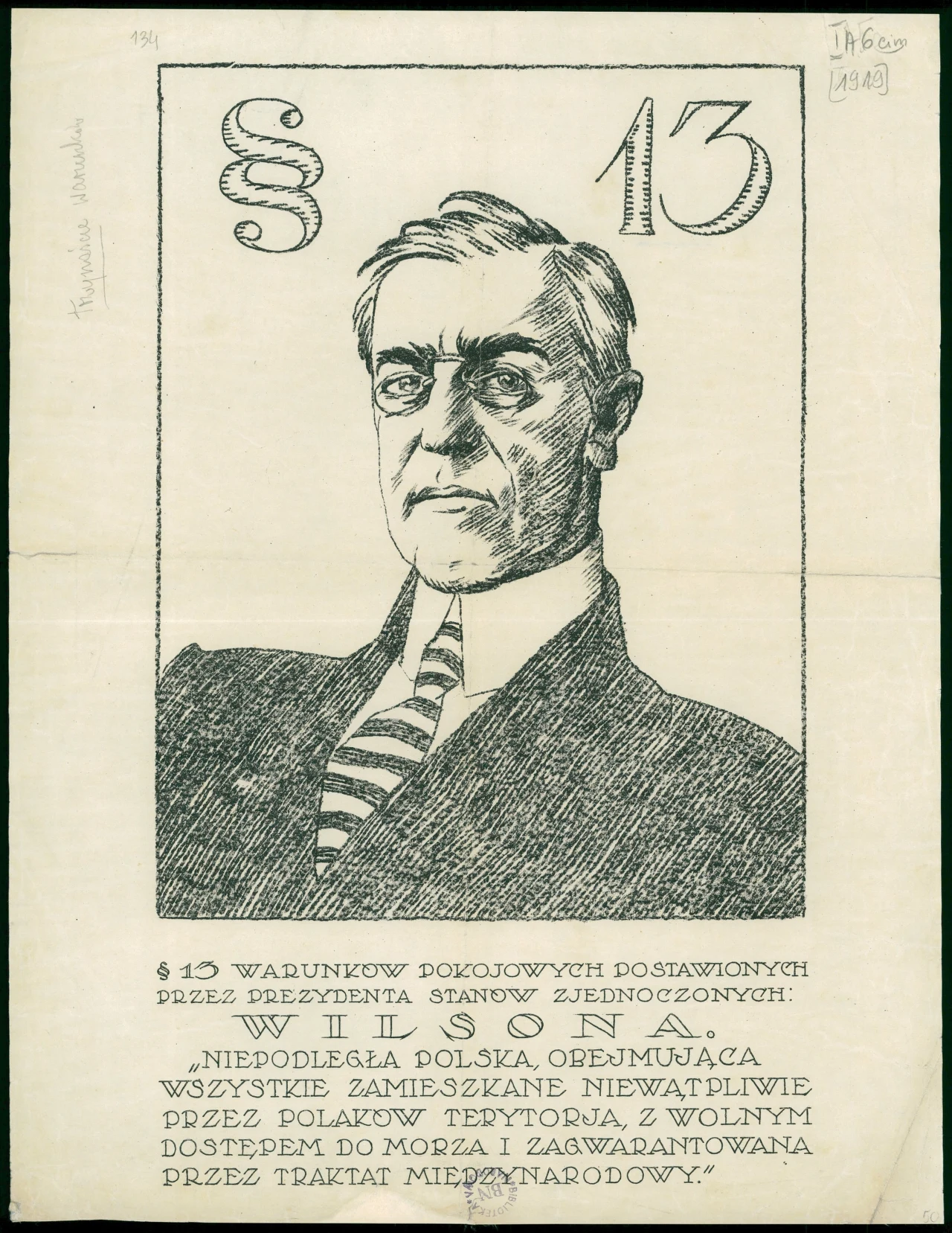 Plakat promujący 13. punkt orędzia prezydenta Wilsona, 1919 r. (fot. polona.pl)