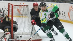 Gol Tomasza Kominka (P) nie wystarczył JKH GKS Jastrzębie. Obok Patryk Noworyta i Rafał Radziszewski (L) z Comarch Cracovii 