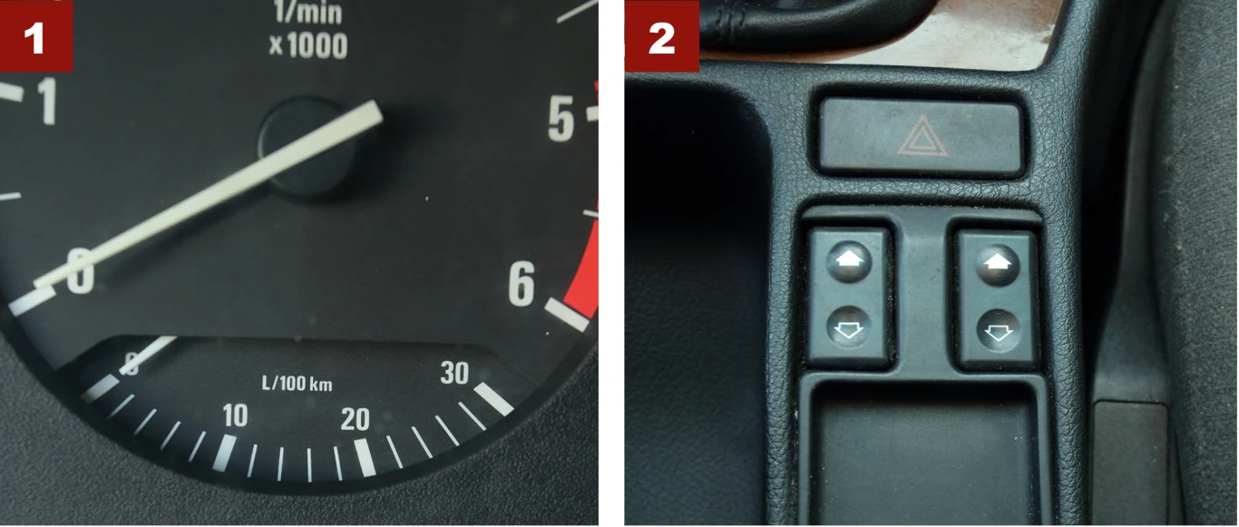  [1] Mechaniczny „ekonomizer” pokazuje chwilowe zużycie paliwa. [2] Przełączniki szyb pośrodku: tradycja BMW przez wiele lat.