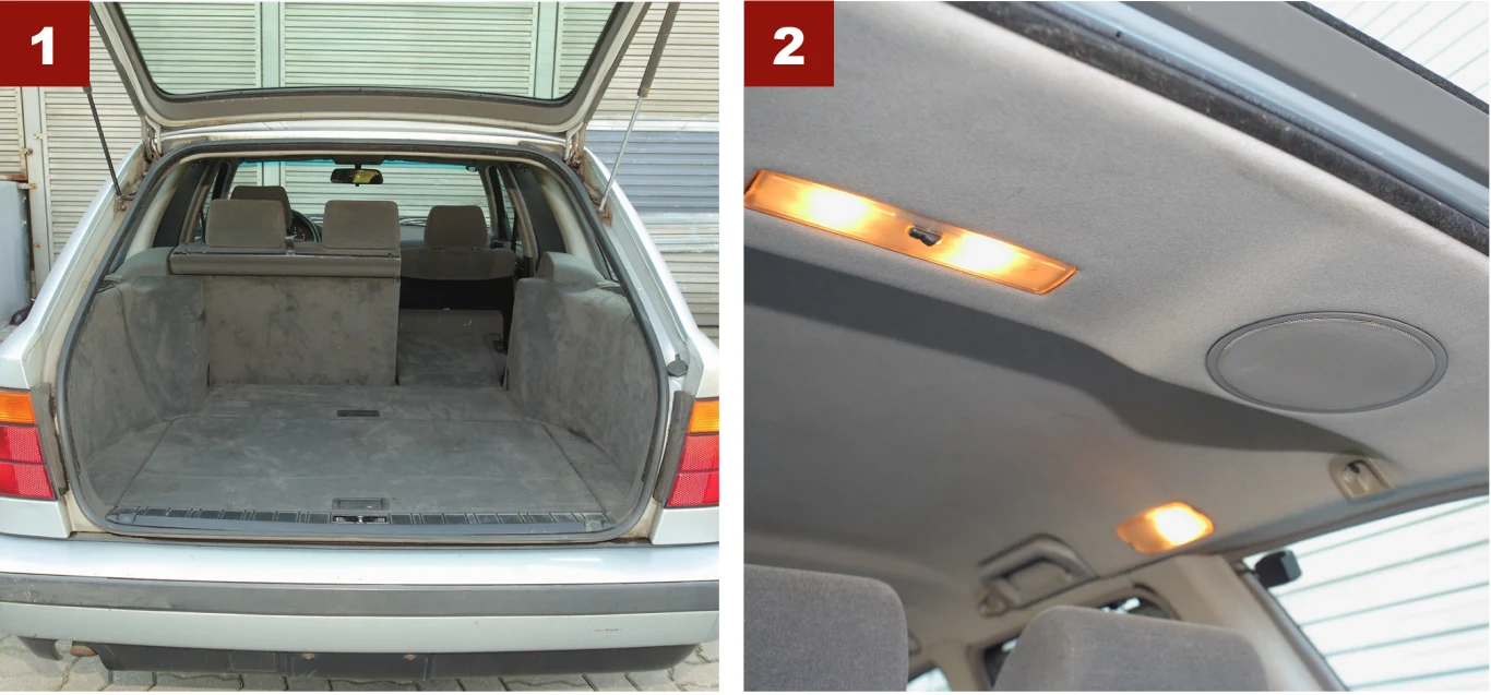 [1] Głęboki bagażnik odmiany Touring ma od 460 do 1450 l, a kanapa jest seryjnie dzielona. [2] Klasa premium sprzed ćwierć wieku: rozbudowane oświetlenie i głośniki w podsufitce.