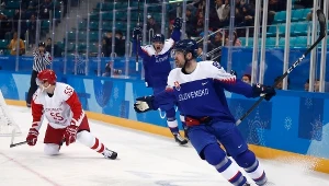 Słowak Peter Olvecky cieszy się z gola podczas meczu z rosyjskim zespołem