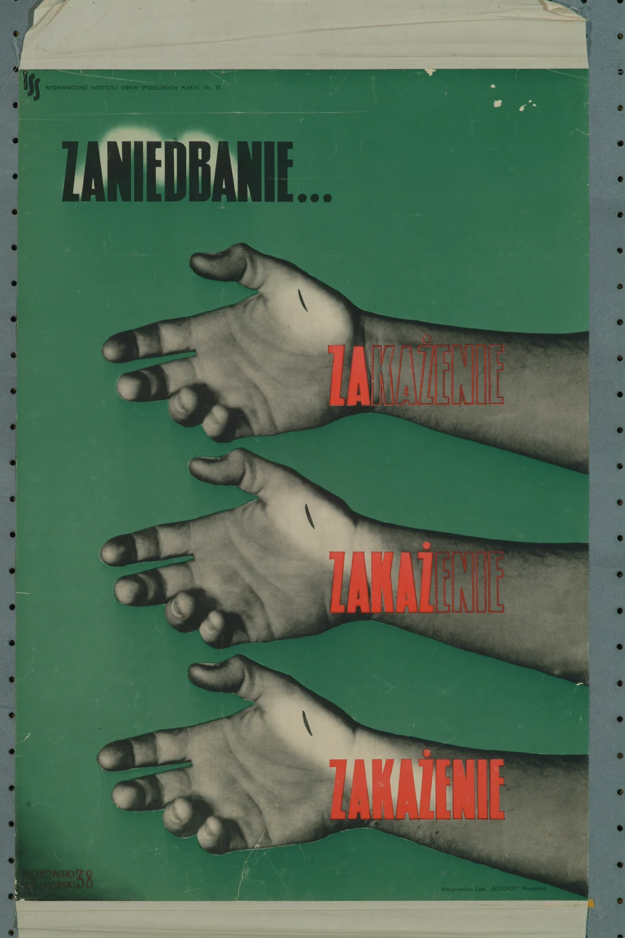 Lucjan Piątkowski, Czesław Wielhorski, Zaniedbanie… zakażanie…, 1938, rotograwiura barwna, papier, Centralny Instytut Ochrony Pracy — Państwowy Instytut Badawczy Lucjan Piątkowski, Czesław Wielhorski, Zaniedbanie… zakażanie…, 1938, rotograwiura barwna, papier, Centralny Instytut Ochrony Pracy — Państwowy Instytut Badawczy