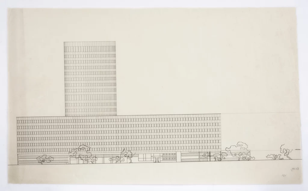 Polskie Radio w Warszawie (proj. Bohdan Lachert, Józef Szanajca), 1938, tusz, kalka, Muzeum Architektury we Wrocławiu Polskie Radio w Warszawie (proj. Bohdan Lachert, Józef Szanajca), 1938, tusz, kalka, Muzeum Architektury we Wrocławiu
