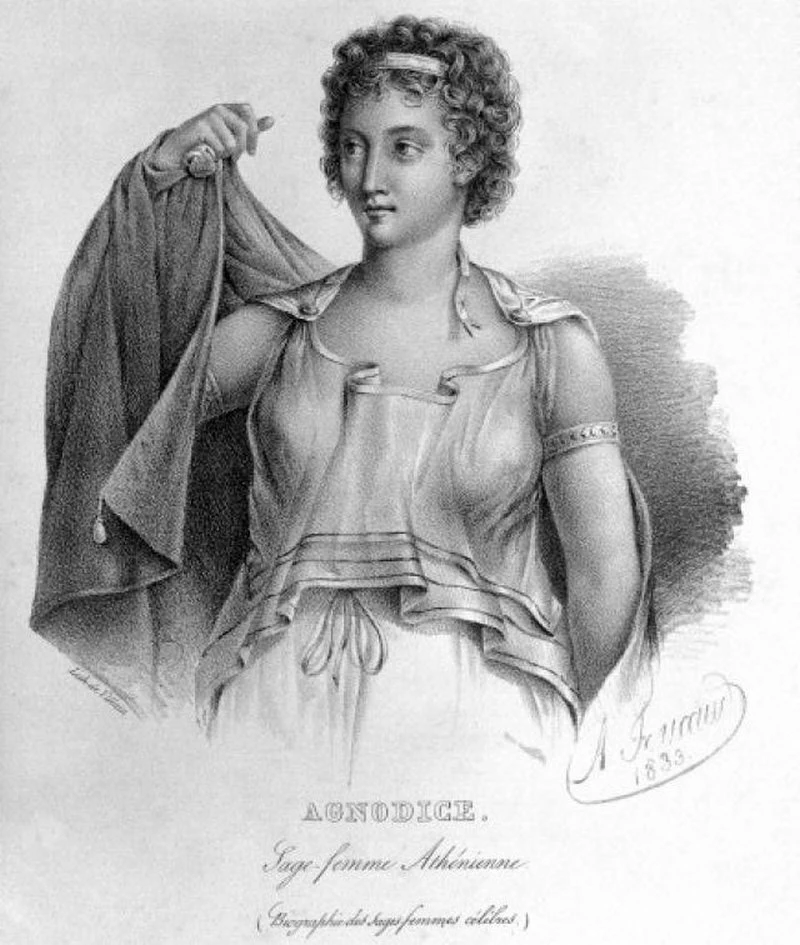 Agnodike, czyli podobno pierwsza kobieta-lekarz w starożytnych Atenach, nie jest uważana powszechnie za postać historyczną. Niemniej jednak, była często stosowana jako argument przez kobiety praktykujące położnictwo (domena publiczna)