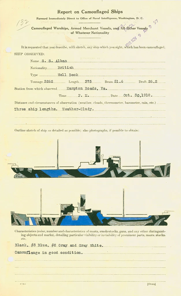 Oryginalny dokument z 1918 roku z wzorem malowania SS "Alban"