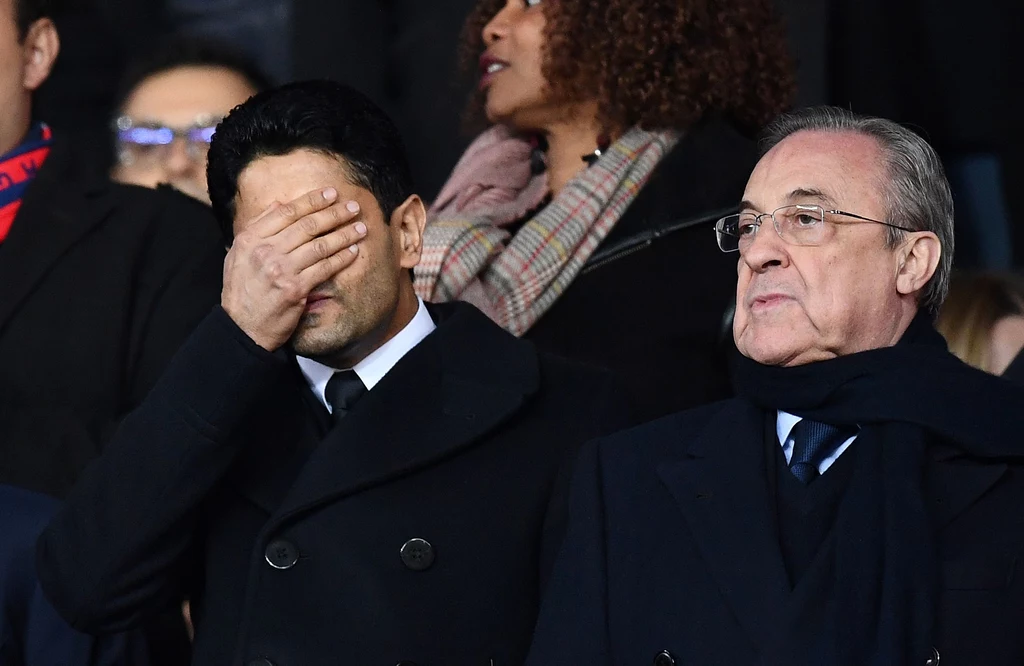 Prezes PSG Nasser al-Khelaifi, obok szef Realu Florentino Perez Prezes PSG Nasser al-Khelaifi, obok szef Realu Florentino Perez