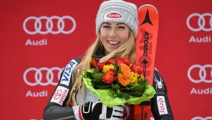 Mikaela Shiffrin po wygraniu slalomu PŚ w Ofterschwang.