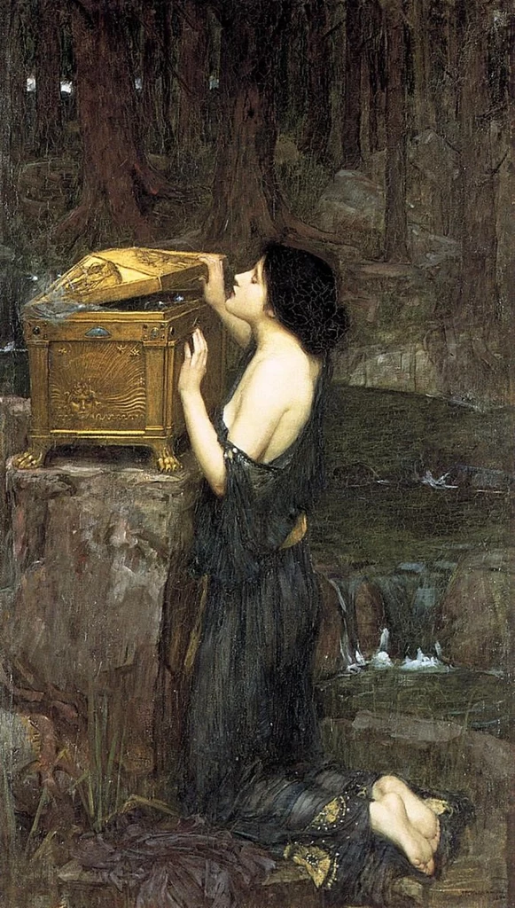 „Pandora” pędzla Johna Williama Waterhouse’a (1896). Nie tylko w Biblii, ale i w greckiej mitologii kobieta uchodzi za źródło zła i nieszczęść (domena publiczna)