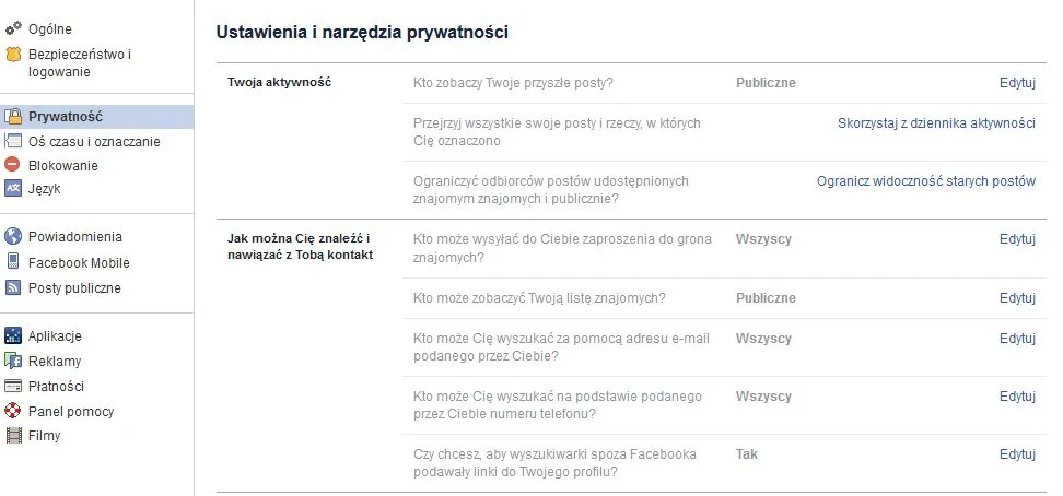 Zakładka "Prywatność"