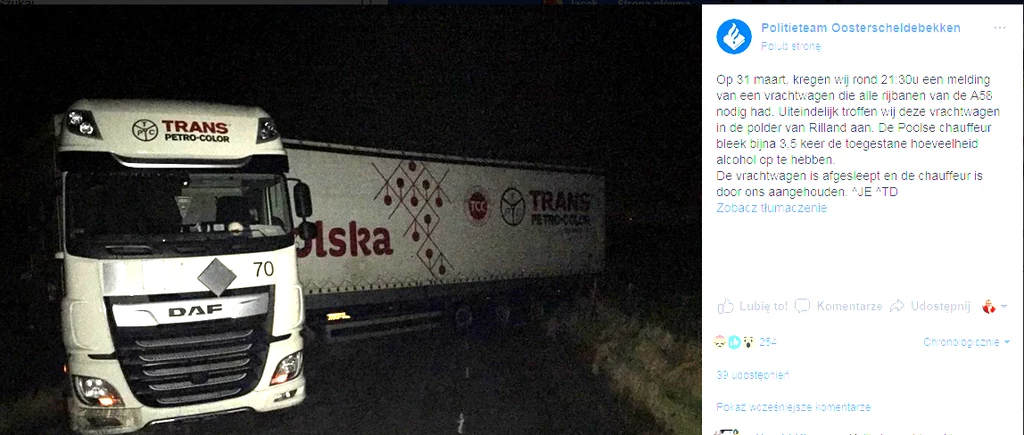 Ciężarówka na plandece miała  napis  "Polska". To element rządowej akcji z 2014 roku. Fot. Screen z  profilu  Politieteam Oosterscheldebekken na facebooku