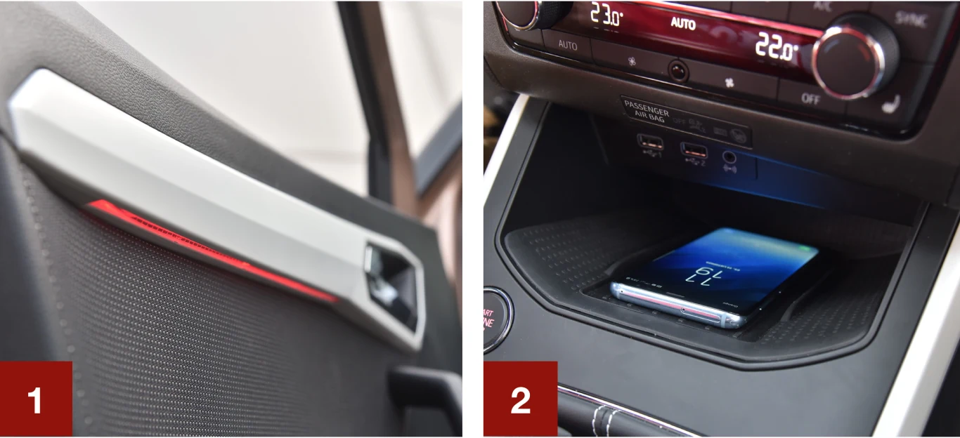 [1] Testowana wersja seryjnie ma podświetlenie drzwi (czerwone/białe). [2] Półka wzmacnia sygnał GSM i bezprzewodowo ładuje telefon (2168 zł w pakiecie z nawigacją).